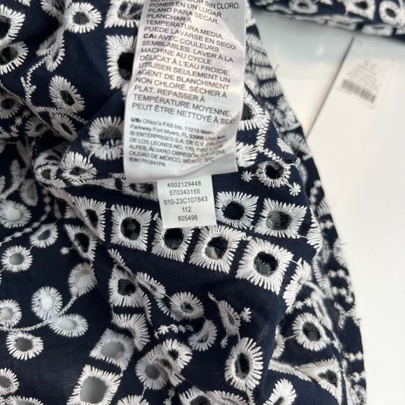 Chico´s Eyelet Billow Sleeve Shirt NWT Sz 2.5 14 Navy Blue White Embroidered - Picture 7 of 15